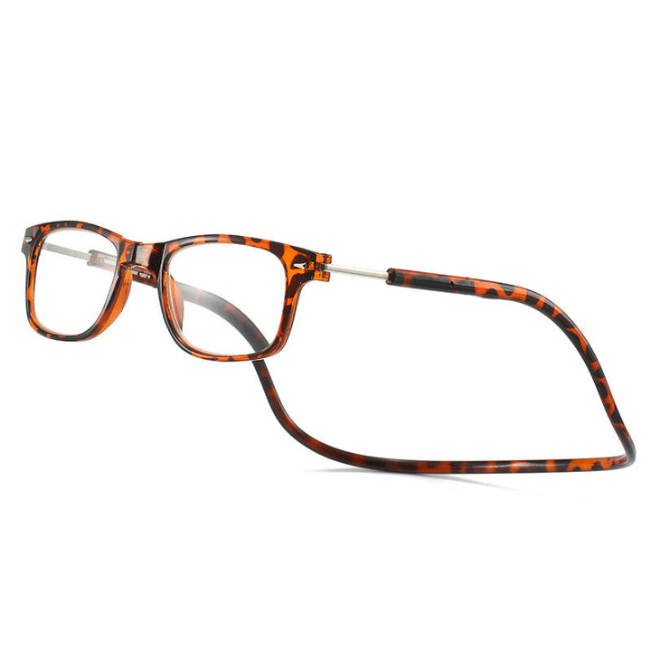 Brown reading glasses with a flexible neck cord and square frames.