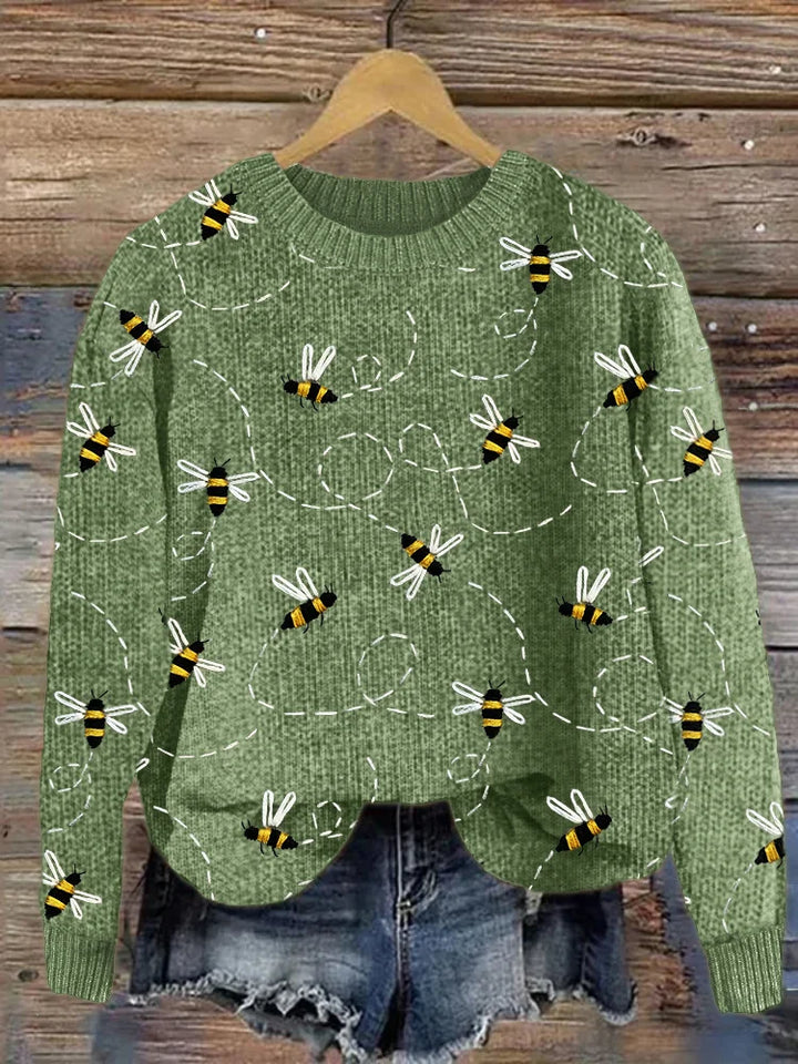 Charming Knitted Sweater with Bee Embroidery Pattern - Marlise-Green-S-Nora Luxe