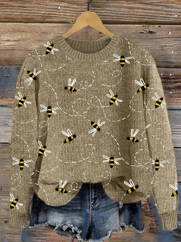 Charming Knitted Sweater with Bee Embroidery Pattern - Marlise-Khaki-S-Nora Luxe