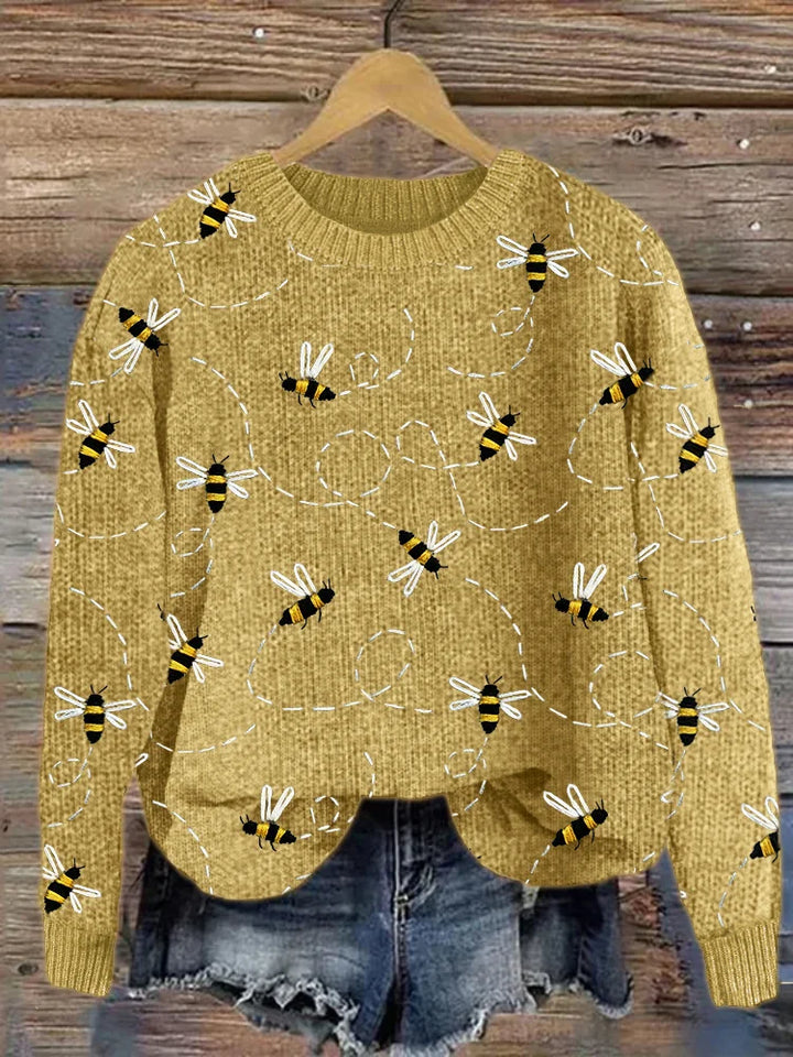 Charming Knitted Sweater with Bee Embroidery Pattern - Marlise-Yellow-S-Nora Luxe