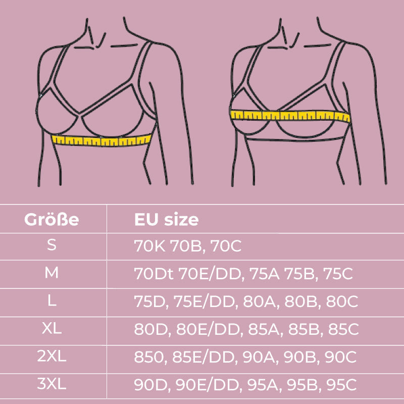Size chart on a pink background with two bra illustrations showing where to measure, and a table matching S to 3XL with EU sizes. 5