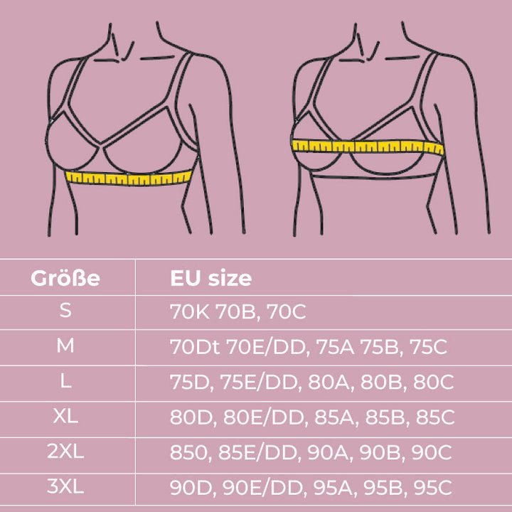 Size chart on a pink background with two bra illustrations showing where to measure, and a table matching S to 3XL with EU sizes. 5