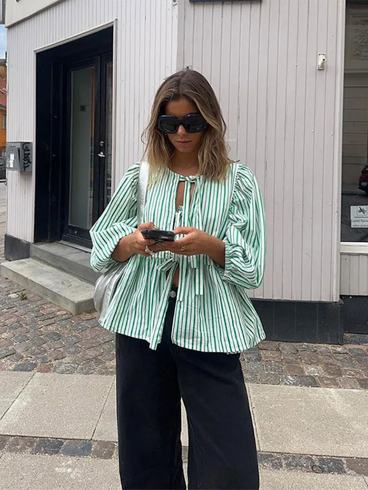 Checked Ladies Blouse with Puff Sleeves – Maeve-Green-S-State of Style