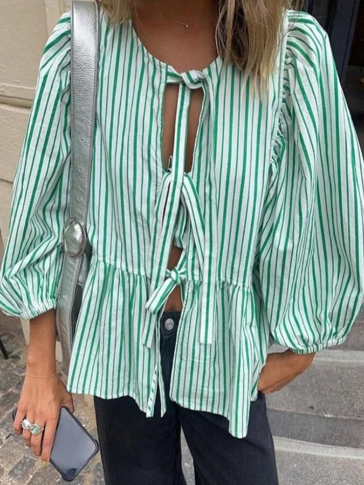 Checked Ladies Blouse with Puff Sleeves – Maeve-Green-S-State of Style