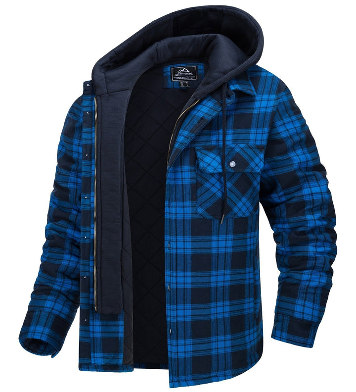 Checked Men's Hoodie with Warm Lining - Ethan-Black - Blue-S-Nora Luxe