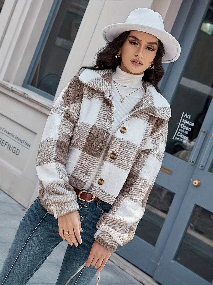 Checked Teddy Jacket with Button Closure - Clara-Green-XS-Nora Luxe