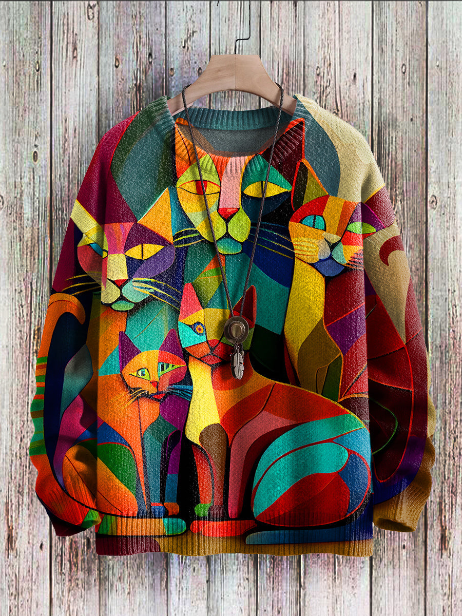 Cheerful Cat Print Sweater for Women - Cleo-Fluff-S-Nora Luxe