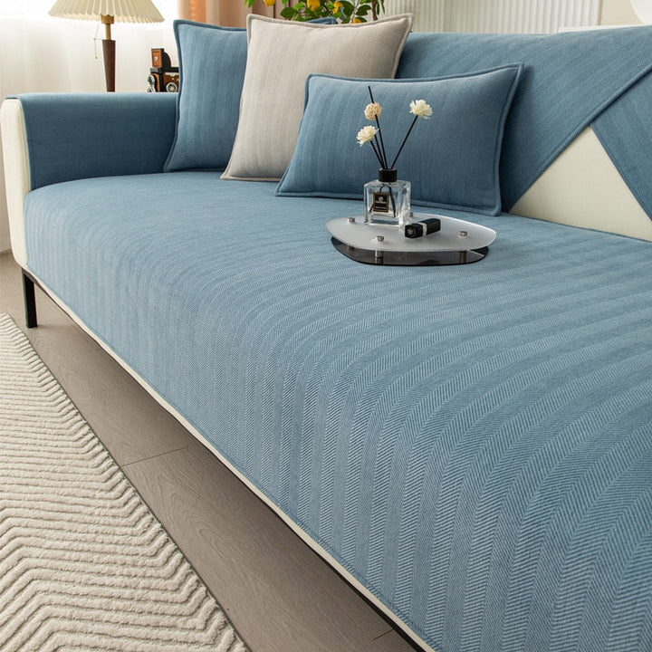 Chenille Bank Protector with Herringbone Structure – VeluraShield-Blue-27.6×27.6in-Nora Luxe