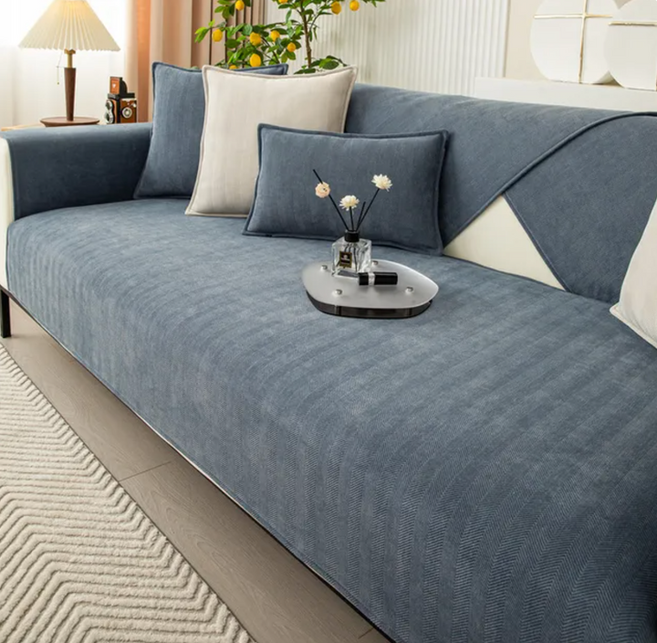 Chenille Bank Protector with Herringbone Structure – VeluraShield-Dark blue-27.6×27.6in-Nora Luxe