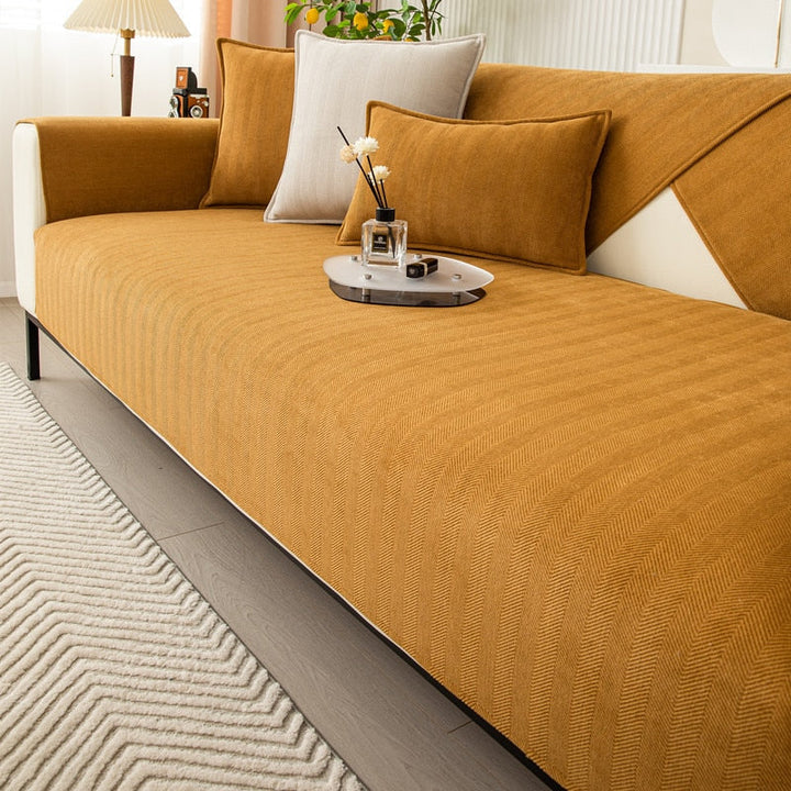 Chenille Bank Protector with Herringbone Structure – VeluraShield-Mustard yellow-27.6×27.6in-Nora Luxe