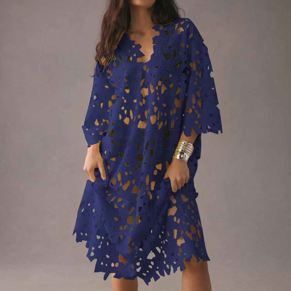 Chic Midi Dress with Embroidered Details - Isla-Blue-XS-Nora Luxe