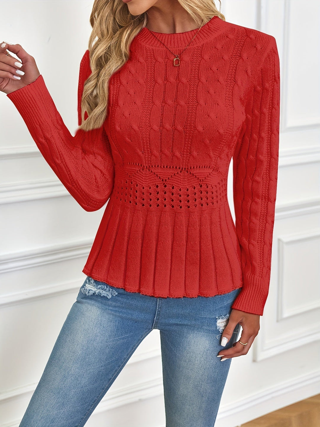 Chunky Cable Knit Sweater with Round Neck - Elena-Beige-S-Nora Luxe