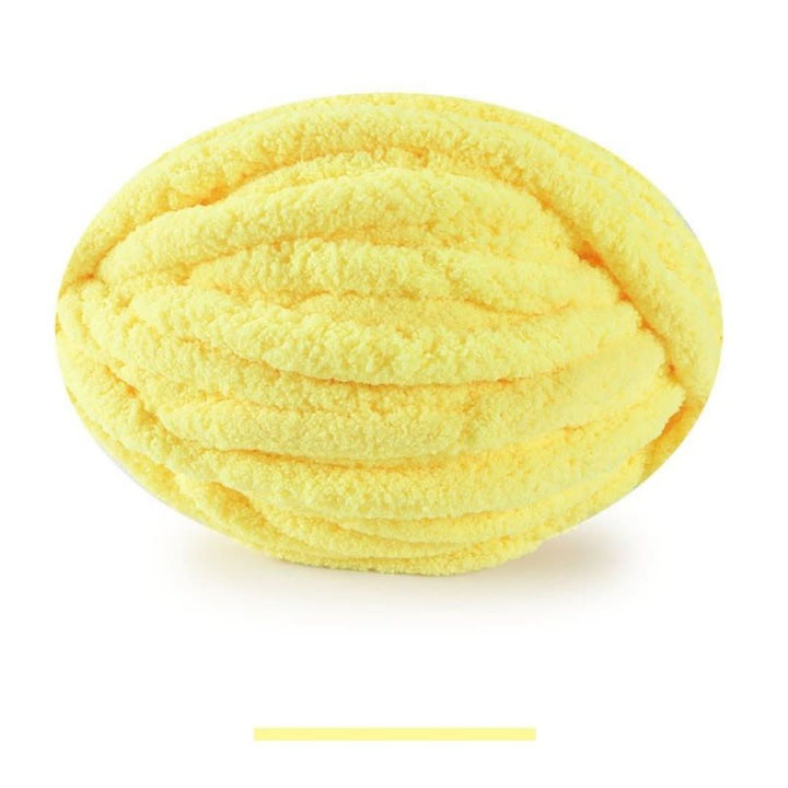 Single oval skein of bright yellow chunky yarn on a white background, with a color swatch bar below.
