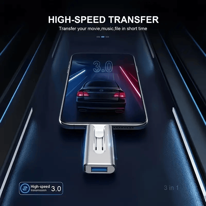 Silver drive plugged into a phone showing a car on screen, set against a dark road background with high-speed transfer wording.