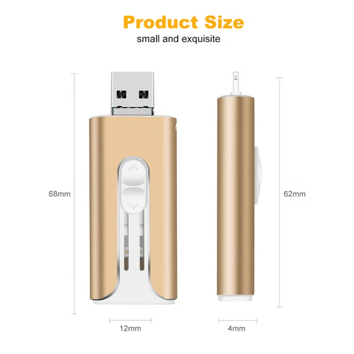 Gold drive shown from front and side with size dimensions marked in millimeters, USB plug extended on the front view.