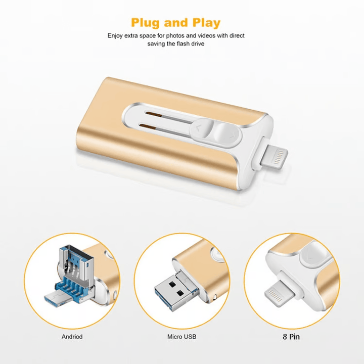 Gold drive with Lightning plug out, plus three close-ups of its Android, Micro USB and 8-pin connectors.