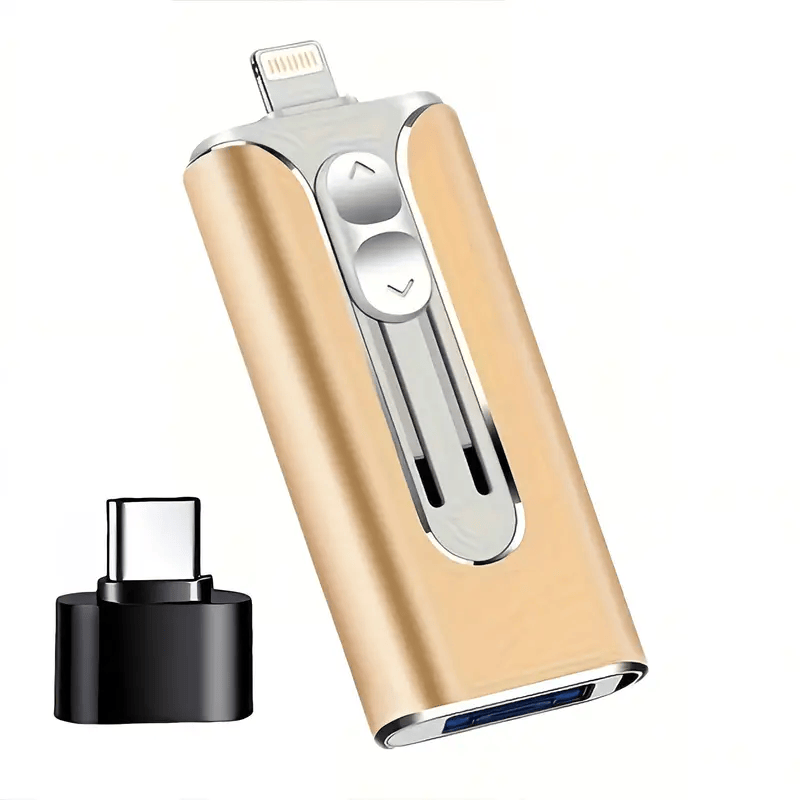Gold flash drive with silver slide buttons and Lightning connector extended, shown next to a black USB-C adapter.