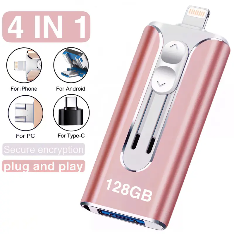 Gold flash drive with Lightning plug out, surrounded by circular icons showing iPhone, Android, PC and USB-C connector options.