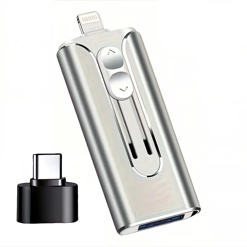 Silver flash drive with slide buttons and Lightning connector extended, shown next to a black USB-C adapter.