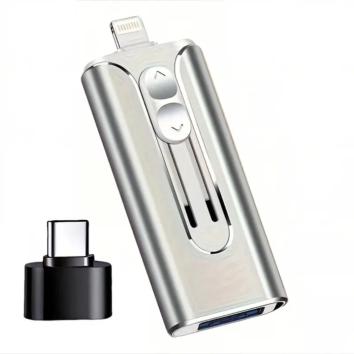 Silver flash drive with slide buttons and Lightning connector extended, shown next to a black USB-C adapter.