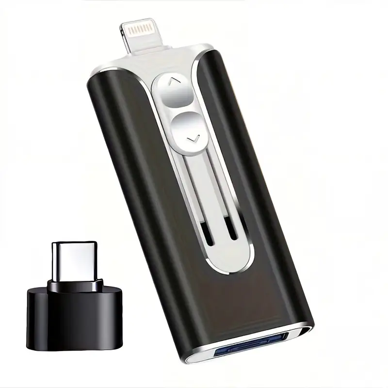 Gold flash drive with silver slide buttons and a Lightning connector extended, shown beside a small black USB-C adapter.