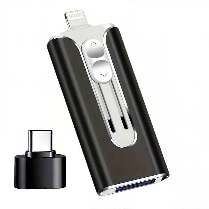 Gold flash drive with silver slide buttons and a Lightning connector extended, shown beside a small black USB-C adapter.