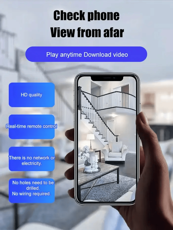 Black mini WiFi security camera with a smartphone showing a live room view another view