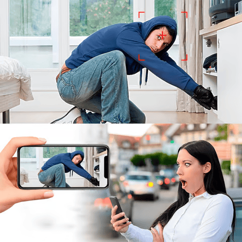 Black mini WiFi security camera detail with live phone monitoring shown