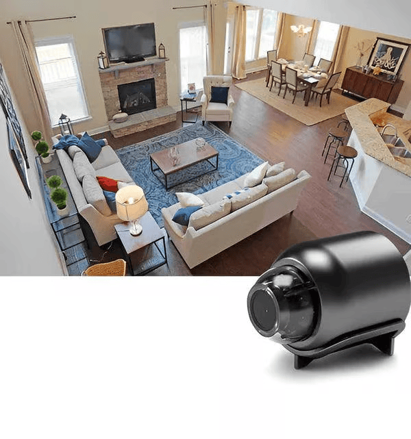 Black mini WiFi security camera in a living room another view