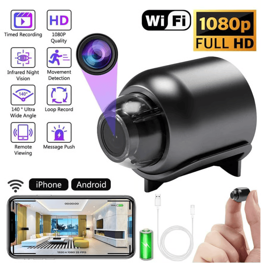 Black mini WiFi security camera with a phone showing live view and included USB cable