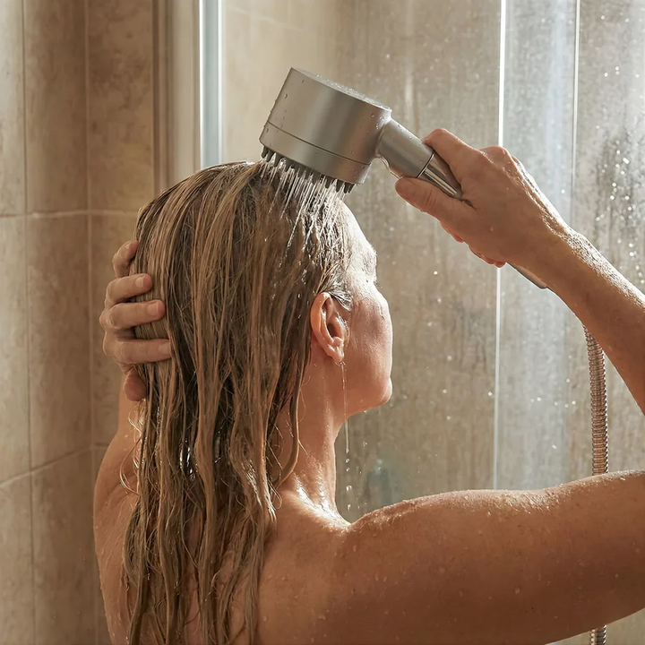 Woman with long wet hair rinsing it in a tiled shower while holding the gray shower head above her head. 2