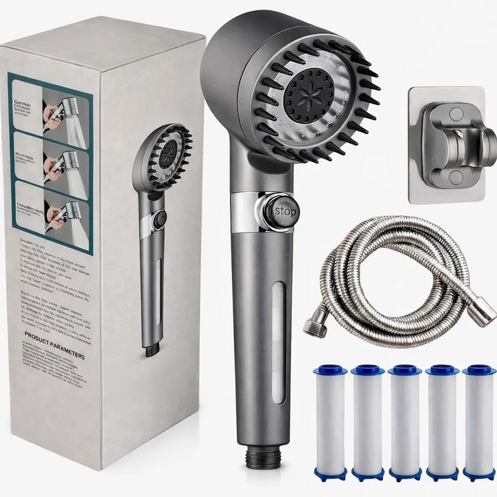 Gray handheld shower head with black massage bristles shown beside its retail box, wall bracket, metal hose, and five white replacement filter cartridges. 1
