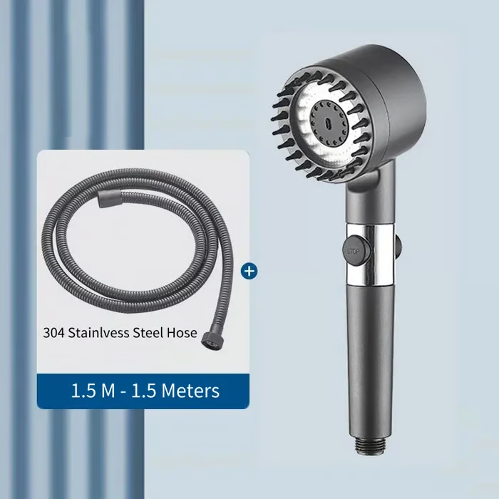 Gray shower head with bristled spray face pictured next to a coiled stainless steel hose in a gray finish, on a blue backdrop. 5