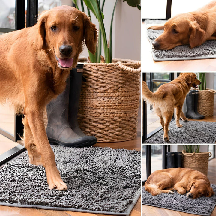 Grey chenille dog doormat with a golden-brown dog stepping onto it