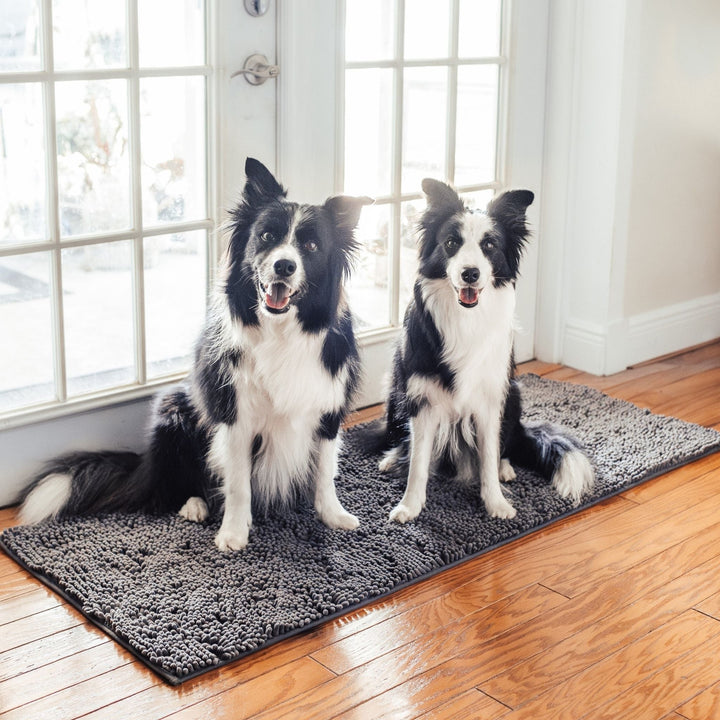 Grey chenille dog doormat with two border collies near a glass-paned door