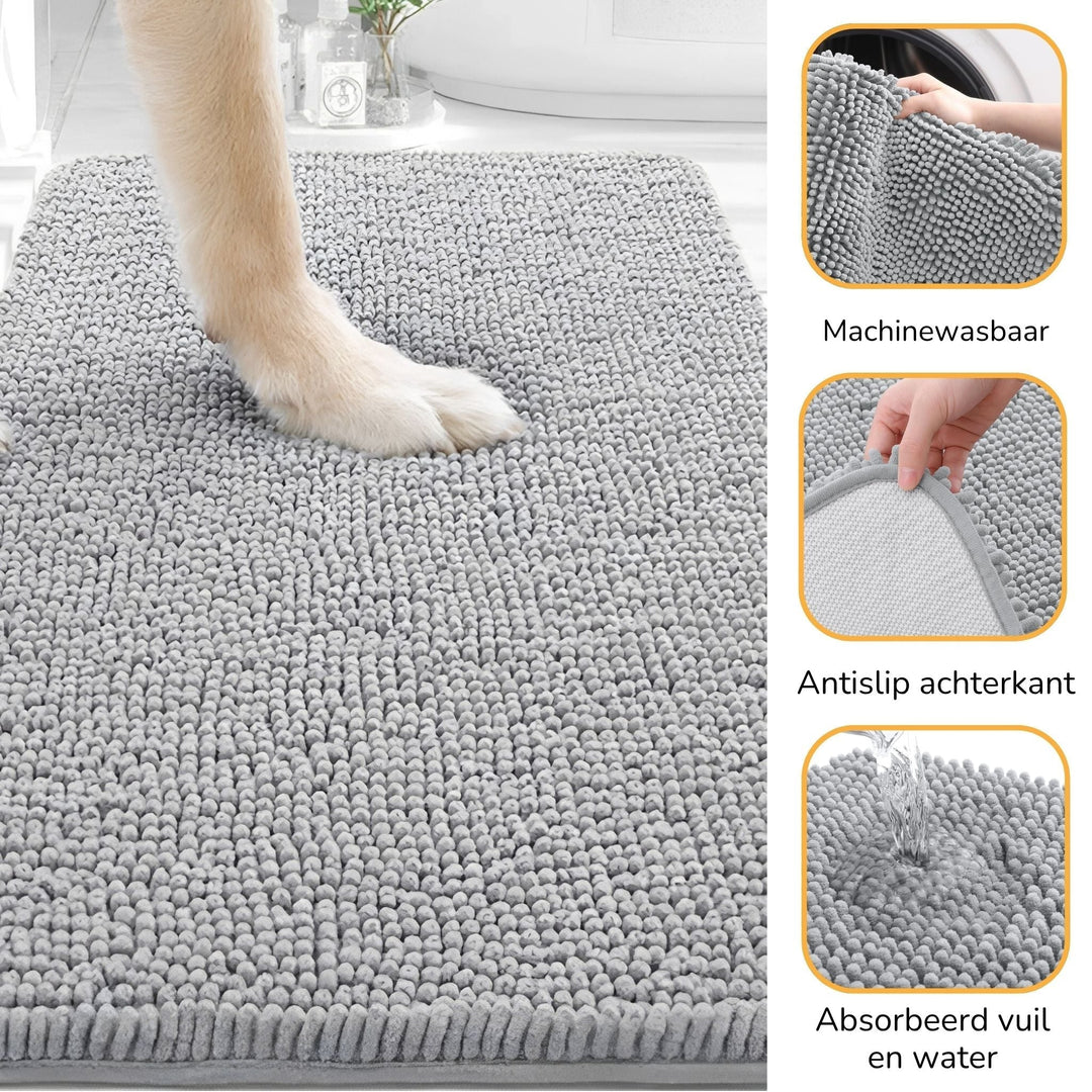 Grey chenille dog doormat detail showing the surface and backing