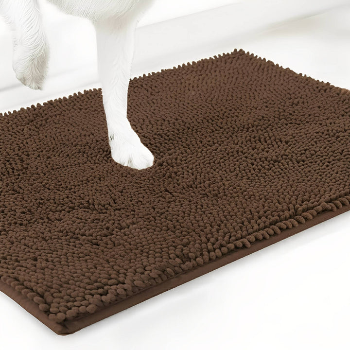 Chocolate brown doormat color option with a white dog's paw