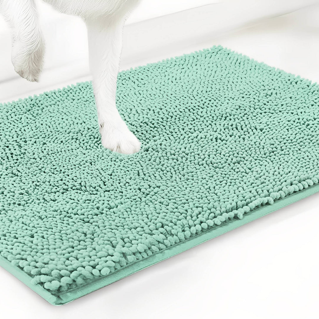 Mint green doormat color option with a white dog's paw