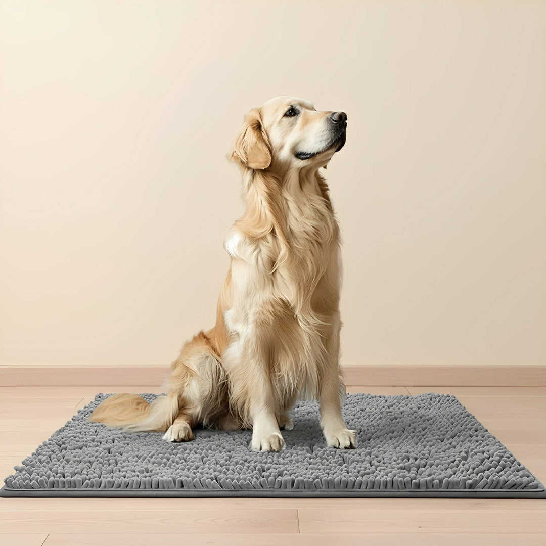 Grey chenille dog doormat with a golden retriever sitting on it