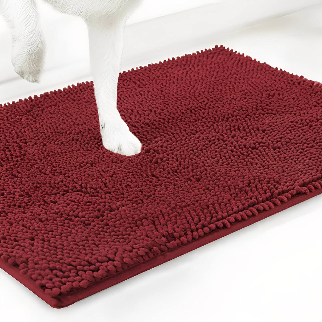 Red doormat color option with a white dog's paw