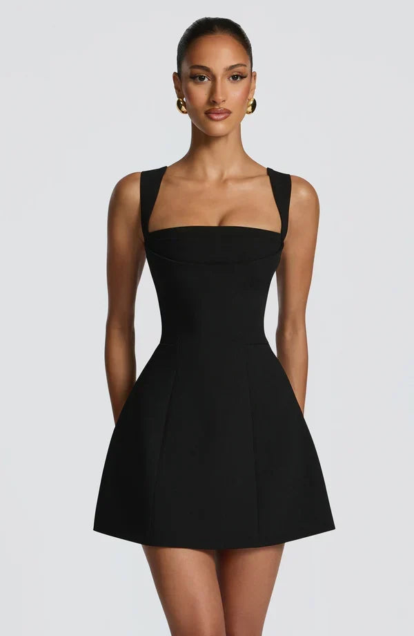 Black Isabeau Mini Dress with square neck and wide straps, close front view.