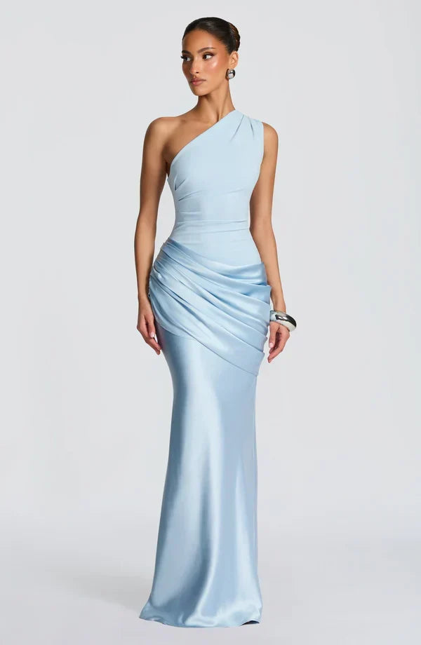 Sidonie One-Shoulder Draped Satin Maxi Dress in light blue, front view with draped hip detail.
