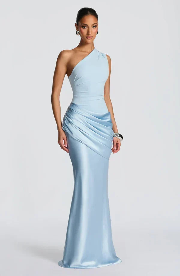 Sidonie One-Shoulder Draped Satin Maxi Dress in light blue, front view with ruched hip drape.
