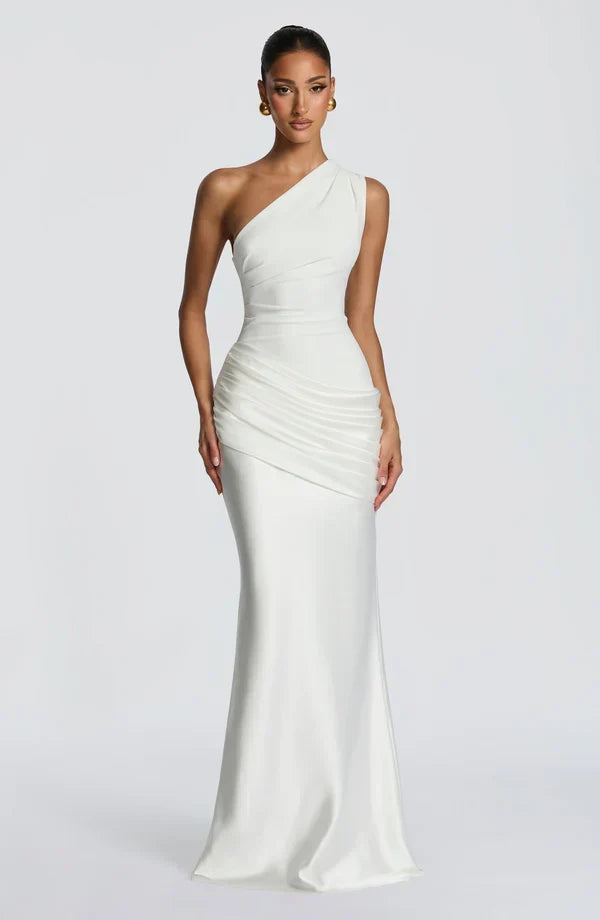 Sidonie One-Shoulder Draped Satin Maxi Dress in white, front view with ruched hip drape.