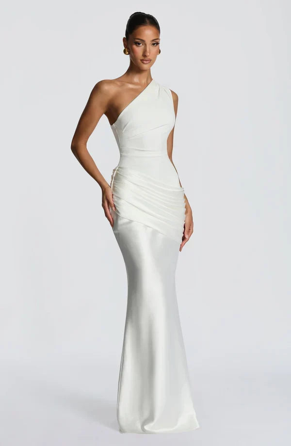 Sidonie One-Shoulder Draped Satin Maxi Dress in white, another view showing the pleated bodice and draped hip.