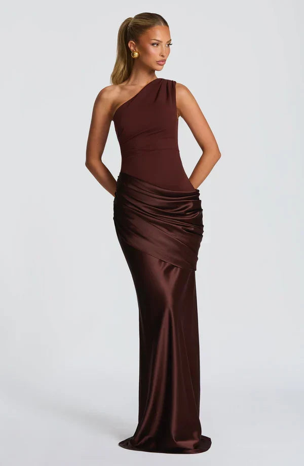 Sidonie One-Shoulder Draped Satin Maxi Dress in brown, front view with the fitted bodice and draped hip.