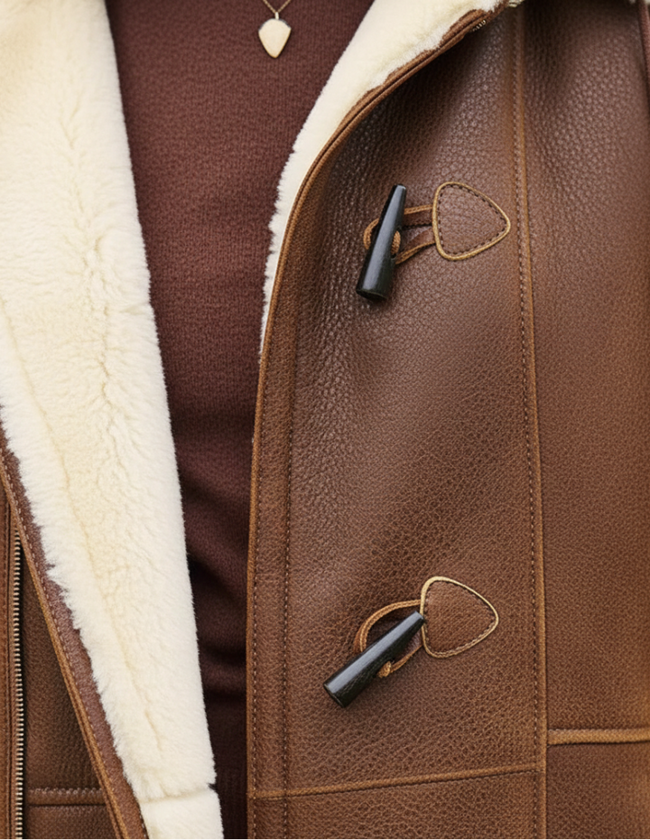 Close-up detail of two dark horn-style toggles with loop closures on the grained brown front, beside the soft cream fleece lining. 3