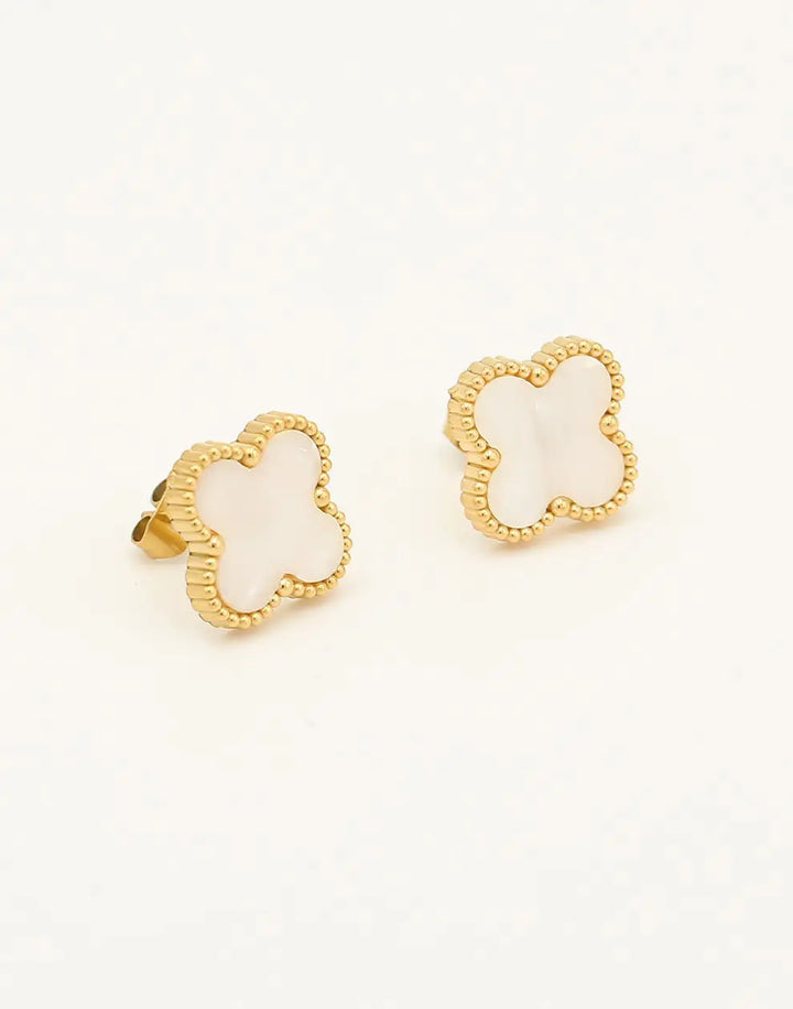 Clover-Shaped Gold-Plated Pearl Stud Earrings-Gold-Nora Luxe