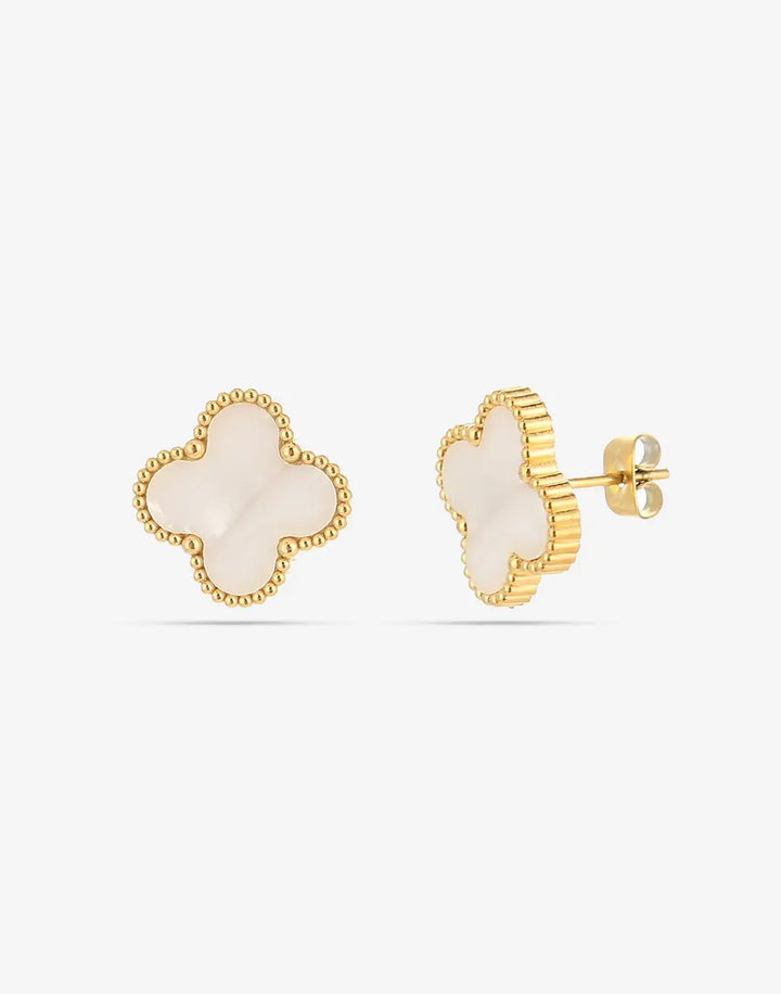 Clover-Shaped Gold-Plated Pearl Stud Earrings-Gold-Nora Luxe