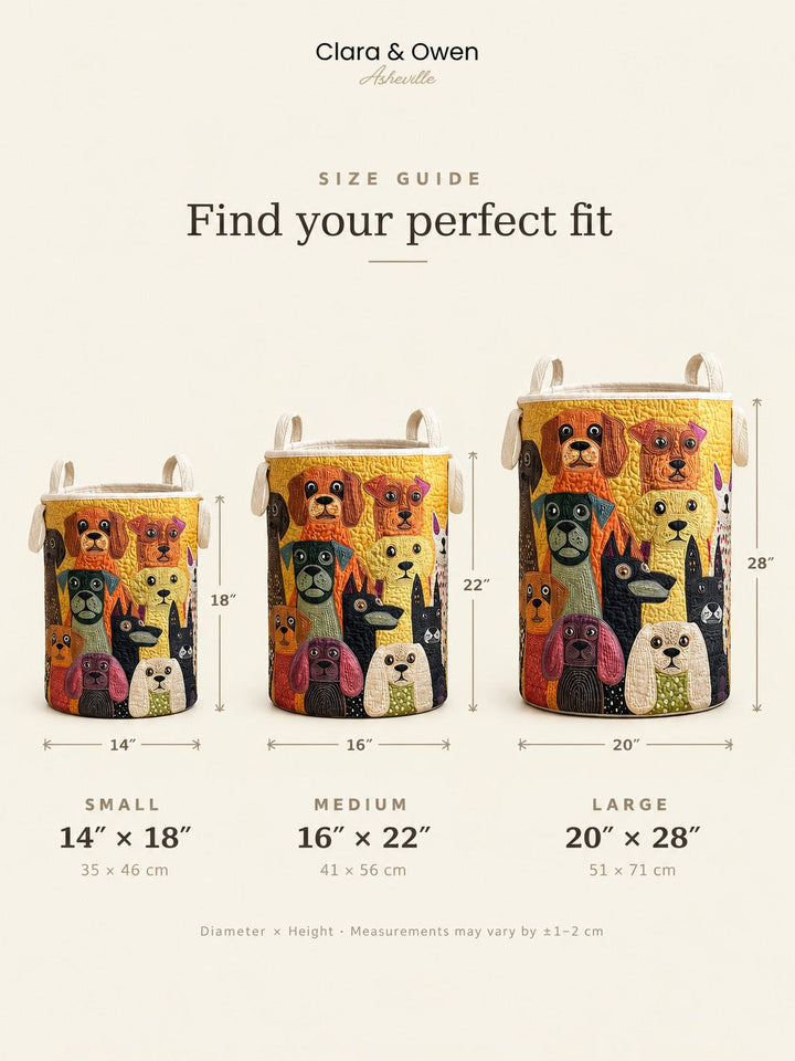 Quilted fabric laundry basket size guide showing small, medium and large measurements.